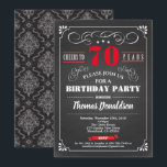 Invitation Red 70th anniversaire chalkboard rétro<br><div class="desc">[Any Age. All text are editable] Theme : Birthday,  Anniversary,  Retirement Party / Celebration Style : Retro,  Vintage,  Elegant Colors : Black,  Red and White. graphics: retro chalkboard ,  vintage typographiy and frame,  damask background,  red lettering.</div>