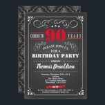 Invitation Red 90th birthday chalkboard vintage<br><div class="desc">[Any Age. All text are editable]

Thème : Birthday,  Anniversary,  Retirement Party / Celebration 
Style : rétro,  vintage,  élégant
Colors : Black,  Red and White.
graphics: retro chalkboard ,  vintage typographiy and frame,  damask background,  red lettering.</div>