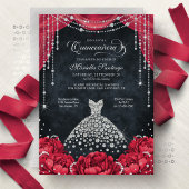 Invitation Red and Black Diamond Floral Quinceanera