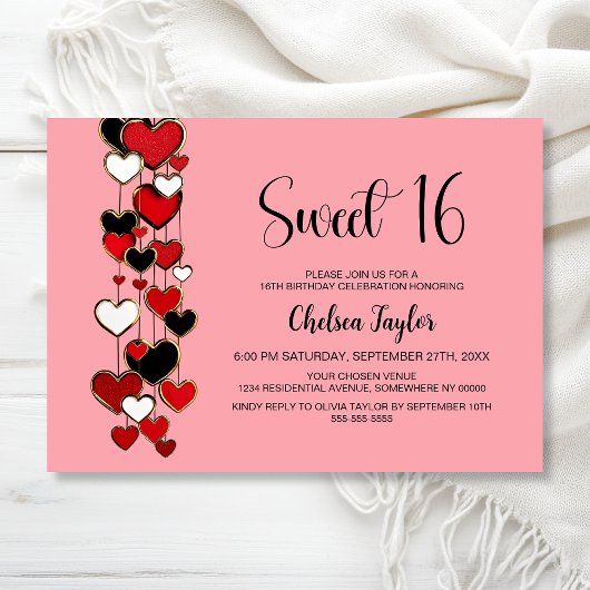 Invitation Red and Black Heart Theme Sweet 16 Birthday