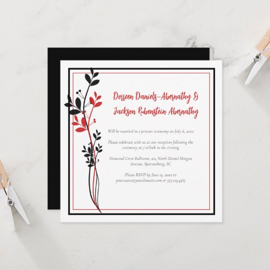 Invitation Red and Black Modern Botanical Reception Only | (Devant/Arrière en situation)
