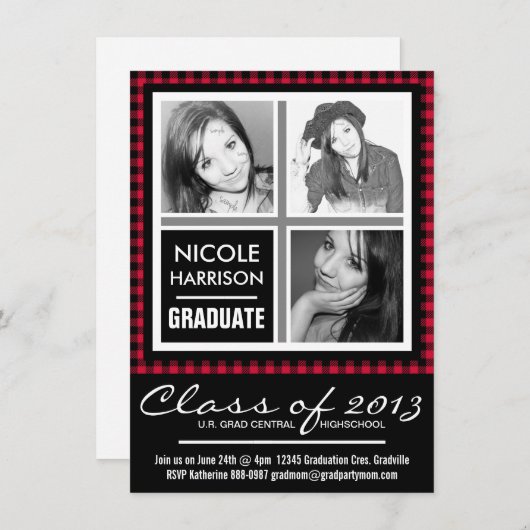 Invitation Red and Black Plaid En vichy 3 Photo Grad Party (Devant / Derrière)