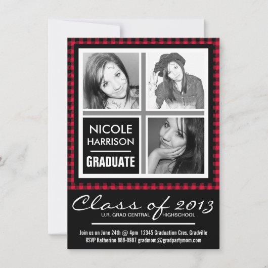 Invitation Red and Black Plaid En vichy 3 Photo Grad Party (Devant)
