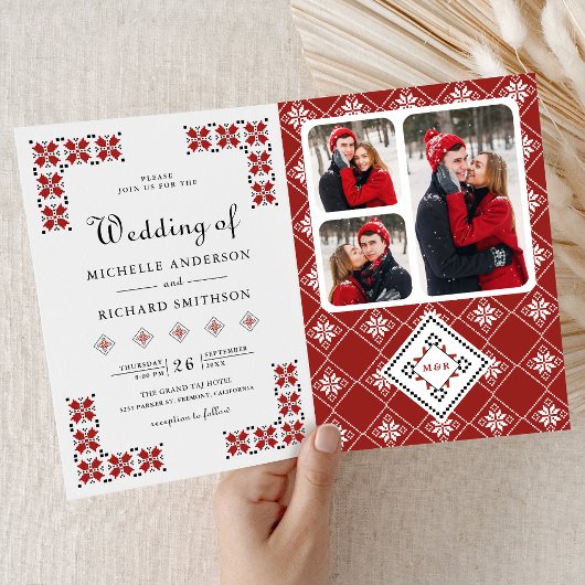 Invitation Red and Black Ukrainian Embroidery QR Code Wedding