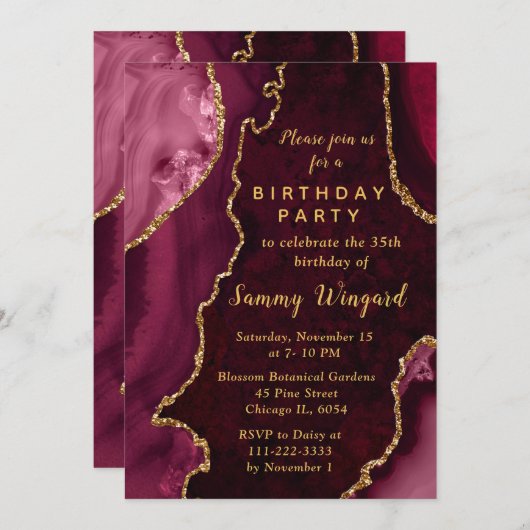 Invitation Red and Gold Agate Marble Birthday Party (Devant / Derrière)