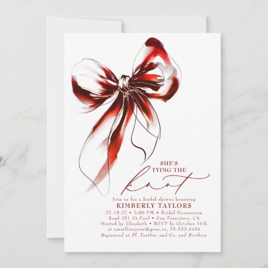 Invitation Red and Gold Bow Elegant Whimsical Bridal Shower (Devant)