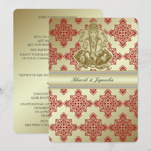 Invitation Red and Gold Indian Mariage damassé (Devant / Derrière)