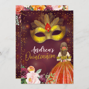 Invitation Red and Gold Mexicaine Princesse Quinceañera Anniv