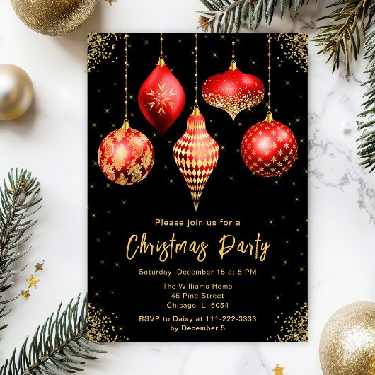 Invitation Red and Gold Ornaments Christmas Party