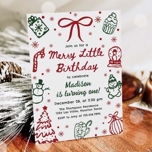 Invitation Red and Green Hand Drawn Christmas Birthday Party