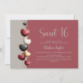 Invitation Red and Pink Heart Theme Sweet 16 Birthday (Devant)