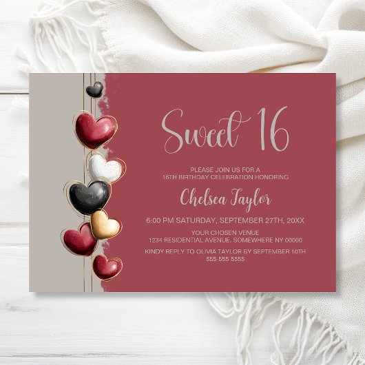 Invitation Red and Pink Heart Theme Sweet 16 Birthday