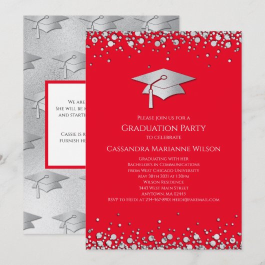 Invitation Red and Silver Graduation (Devant / Derrière)