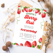 Invitation Red and White Berry Cute Watercolor 1st Birthday 