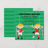Invitation Red and White Twin Boys Soccer v2 Anniversaire Par (Devant / Derrière)