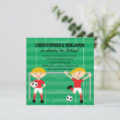 Invitation Red and White Twin Boys Soccer v2 Anniversaire Par (Debout devant)