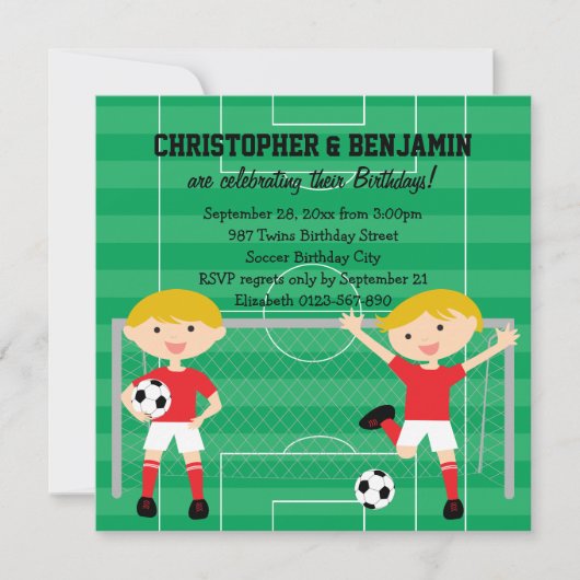 Invitation Red and White Twin Boys Soccer v2 Anniversaire Par (Devant)