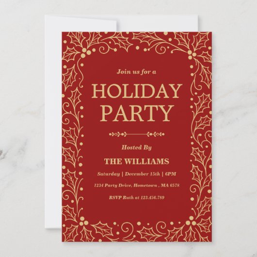 Invitation Red & Antique-Gold Holiday Christmas Party (Devant)