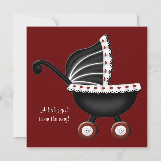 Invitation Red Baby Carriage Baby Girl Douche (Devant)