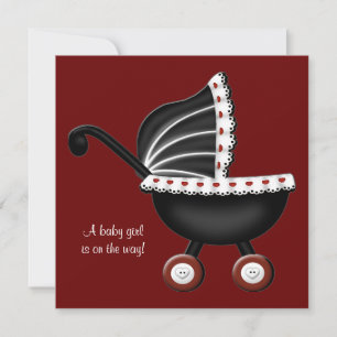 Invitation Red Baby Carriage Baby Girl Douche