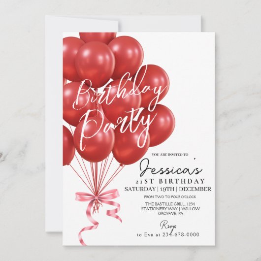 Invitation Red Balloon Script  Modern Birthday Party (Devant)