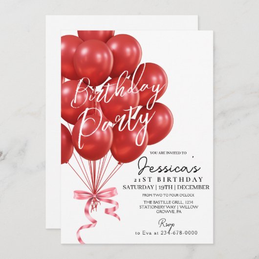 Invitation Red Balloon Script Modern Birthday Party (Devant / Derrière)