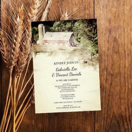 Invitation Red Barn Country Farm Mariage aquarelle