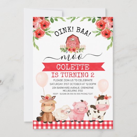 Invitation Red Barn Oink Baa Moo Animaux de ferme Anniversair (Devant)