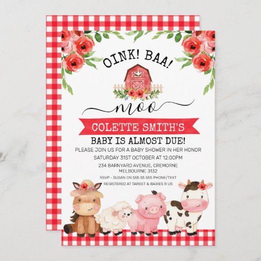 Invitation Red Barn Oink Baa Moo Baby shower agricole Invitat (Devant / Derrière)