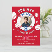 Invitation Red Baseball Anniversaire de enfant à thème photo (Debout devant)