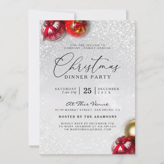 Invitation Red Baubles Silver Parties scintillant Noël Soirée (Devant)