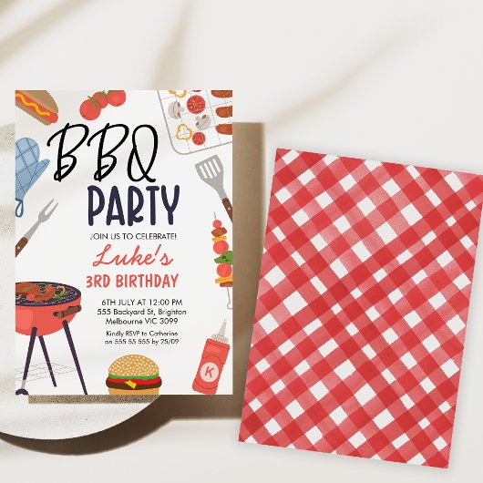 Invitation Red Bbq Blue Oven Mitt Boys Bbq Anniversaire