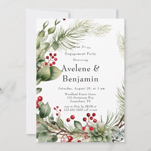 Invitation Red Berries Pine Wreath Mariage d'engagement (Devant)