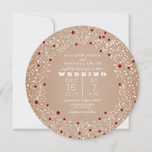 Invitation Red Berries Wreath Round Christmas Mariage (Devant)