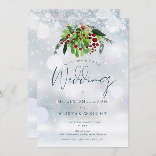 Invitation Red Berry Floral QR Code Mariage hivernal (Devant / Derrière)