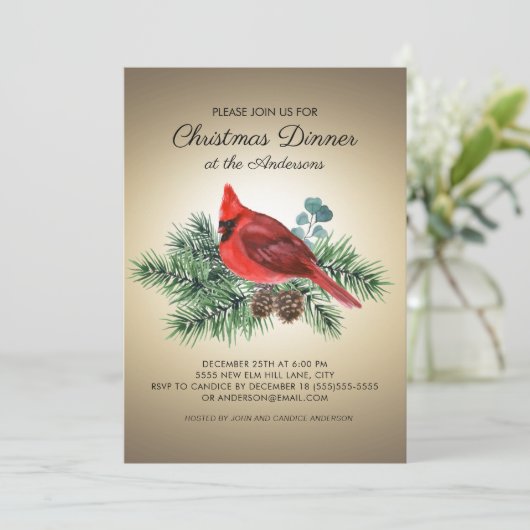 Invitation Red Bird Cardinal Pine Branches Dîner de Noël (Debout devant)