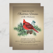 Invitation Red Bird Cardinal Pine Branches Dîner de Noël (Devant / Derrière)