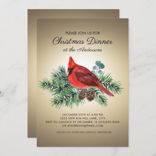 Invitation Red Bird Cardinal Pine Branches Dîner de Noël (Devant / Derrière)