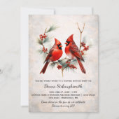 Invitation Red Birds on Snowy Pine Branch, Red Berries |  (Devant)