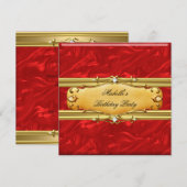 Invitation Red Birthday Party Gold Diamond (Devant / Derrière)
