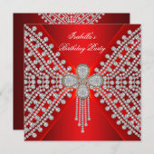 Invitation Red Birthday Party Silver White Diamond Image (Devant / Derrière)