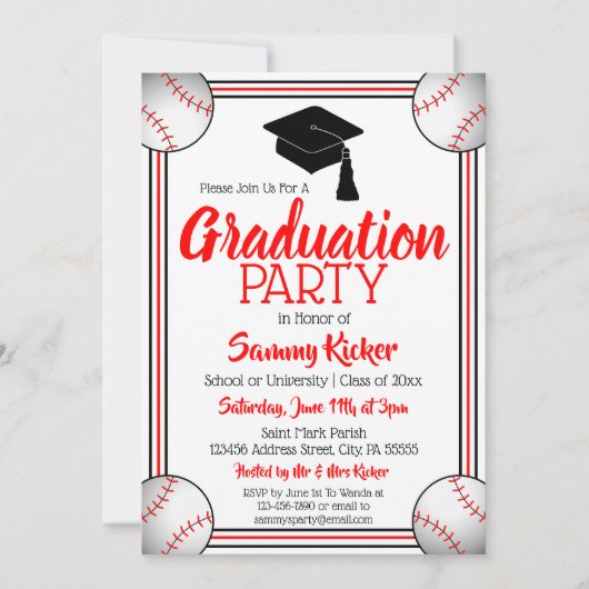 Invitation Red & Black Baseball Graduation Party (Devant)