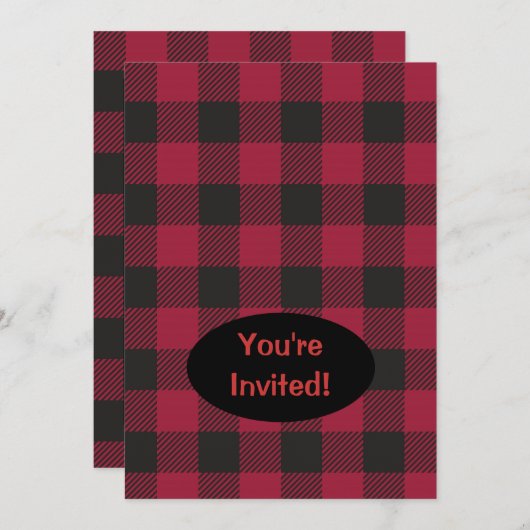 Invitation Red Black Buffalo Plaid Check Party (Devant / Derrière)