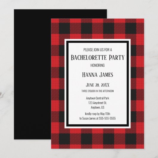 Invitation Red Black Buffalo Plaid Russe Bachelorette Party (Devant / Derrière)