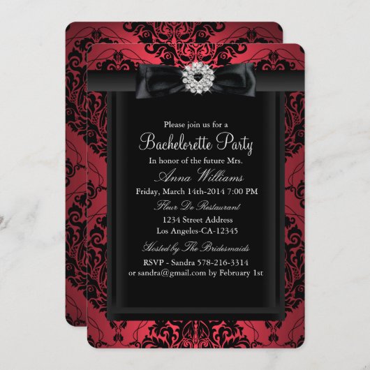 Invitation Red & Black Chic Damask Bachelorette Party (Devant / Derrière)