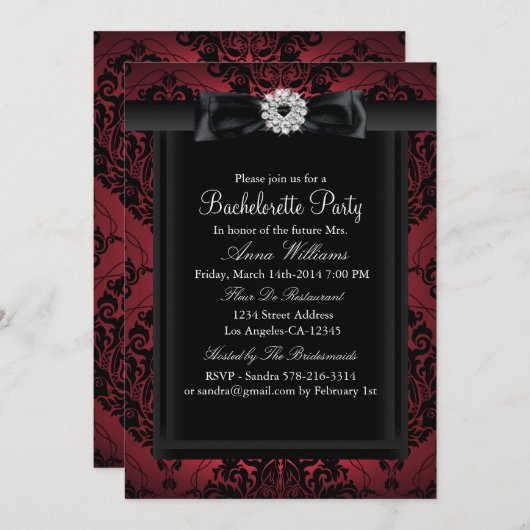 Invitation Red & Black Chic Damask Bachelorette Party (Devant / Derrière)