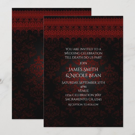 Invitation Red Black Damask & dentelle Gothique Romantique In (Devant / Derrière)