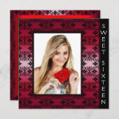 Invitation Red Black Damask Photo Sweet 16 Anniversaire (Devant / Derrière)