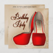 Invitation Red Black Damask talon haute chaussures fête d'ann (Devant / Derrière)