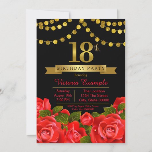 Invitation Red Black Gold 18e fête d'anniversaire (Devant)